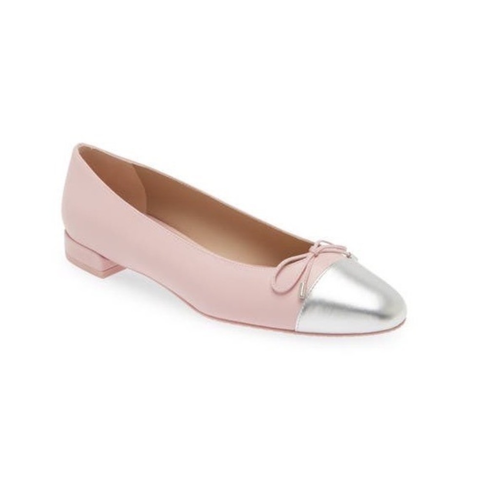 Stuart Weitzman Ballet Flats Women 9.5B Pink Silver Cap Toe Bow Leather Spain